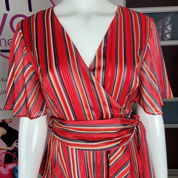 Women's Stripped Red, Yellow and Green Romper with Skirt - Picture 2 of 9